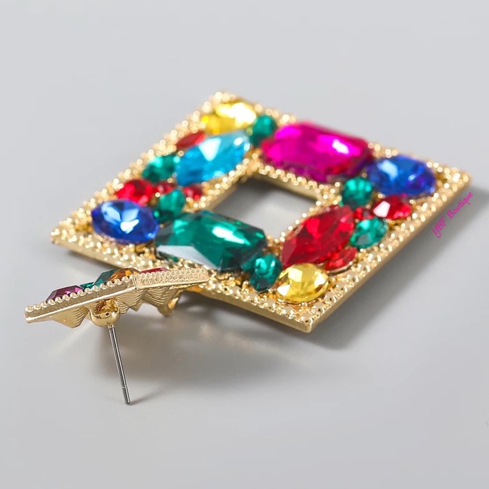 New Blue & Pink Multicolor Jewel Rhinestone Post Drop Statement Fashion Earrings - Picture 9 of 10